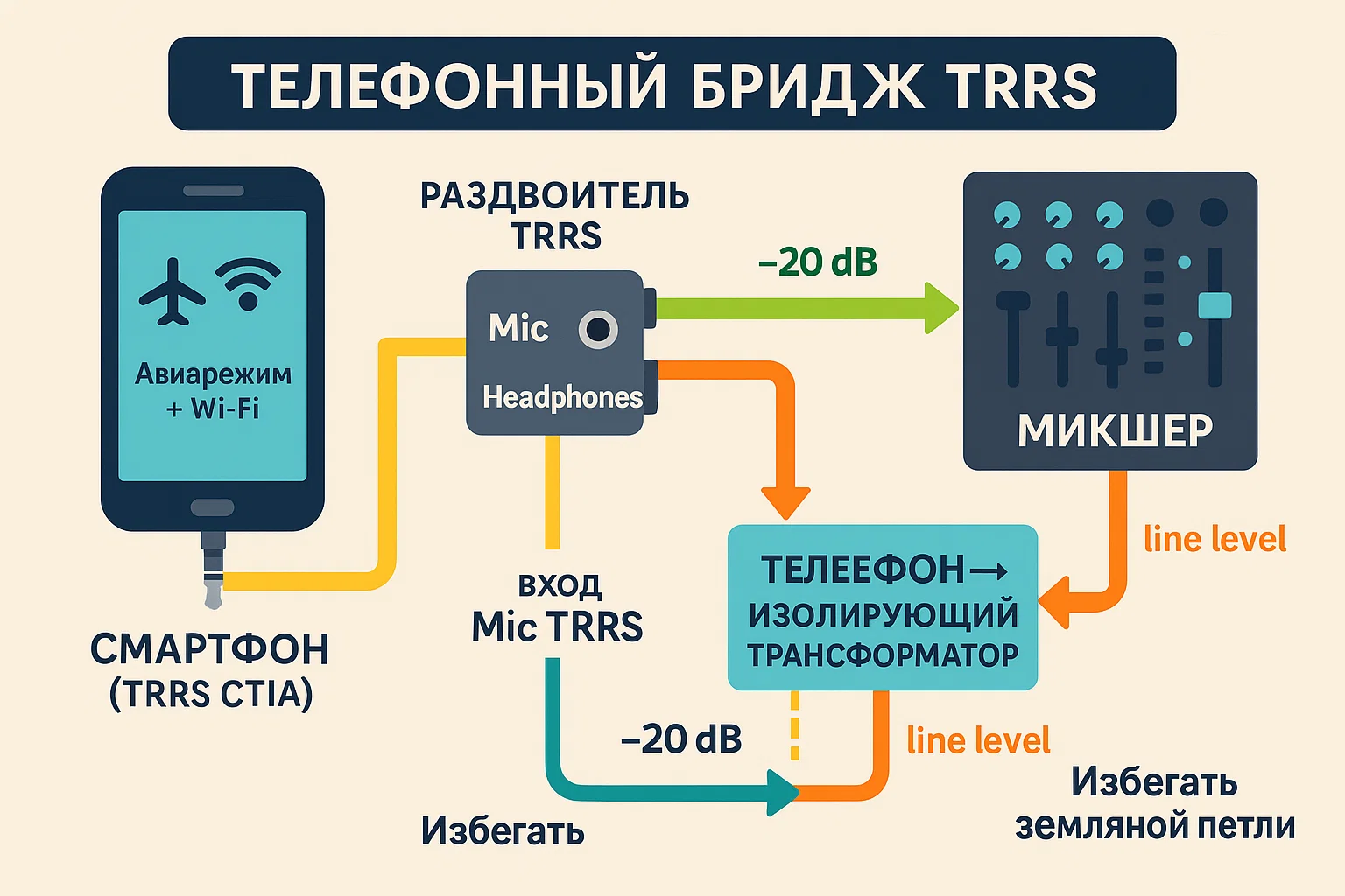 Схема подключения смартфона по TRRS: N-1 из микшера через аттенюатор в микрофон гарнитуры, возврат телефона через изоляцию в микшер